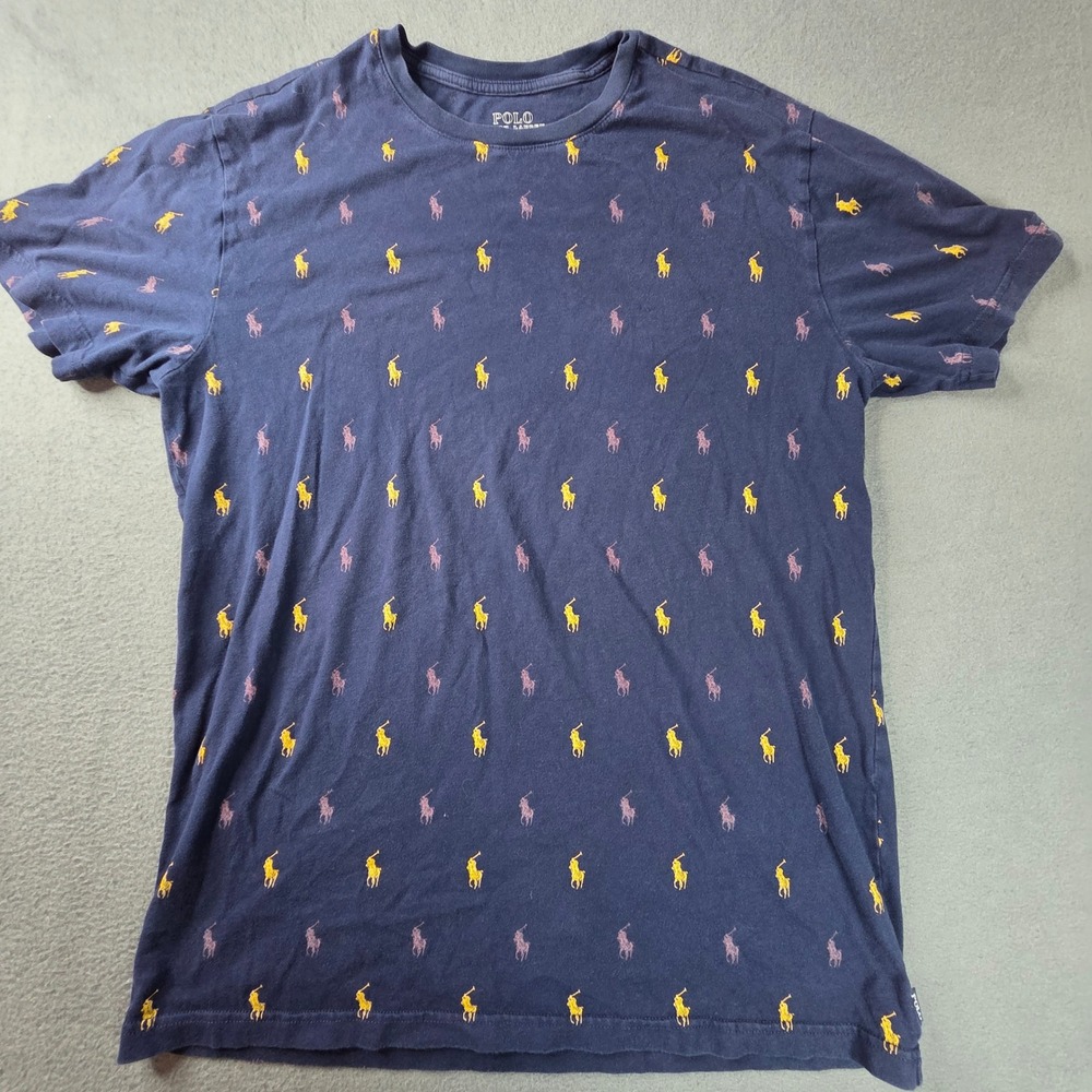 Polo Ralph Lauren Mens Navy Blue All Over Multi Color Pony Logo T-Shirt Size M